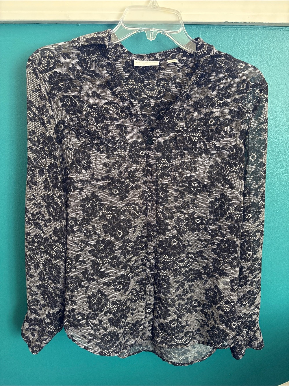 New York & Company Black and Gray Floral Lace-Print Blouse